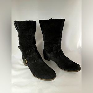 Clarks Indigo Black Suede Slouch Mid Calf Moto Buckle Low Heel Boots Siz…